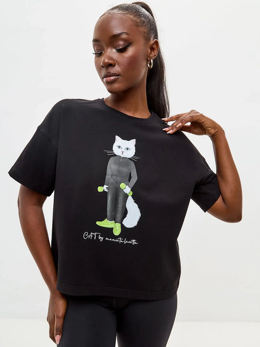 Sport set: black short oversized t-shirt sport cat and black women’s leggins - Funny Cat | For Cat Lovers | CAT
