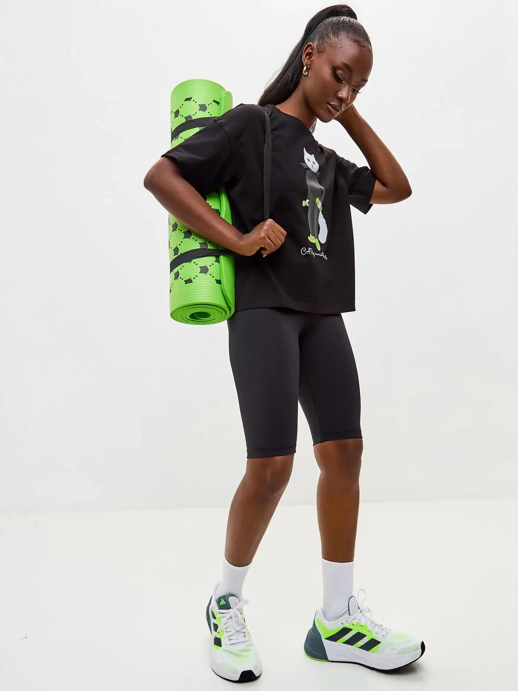 Sport set: black short oversized t-shirt sport cat and black women’s sport shorts - Funny Cat | For Cat Lovers | CAT