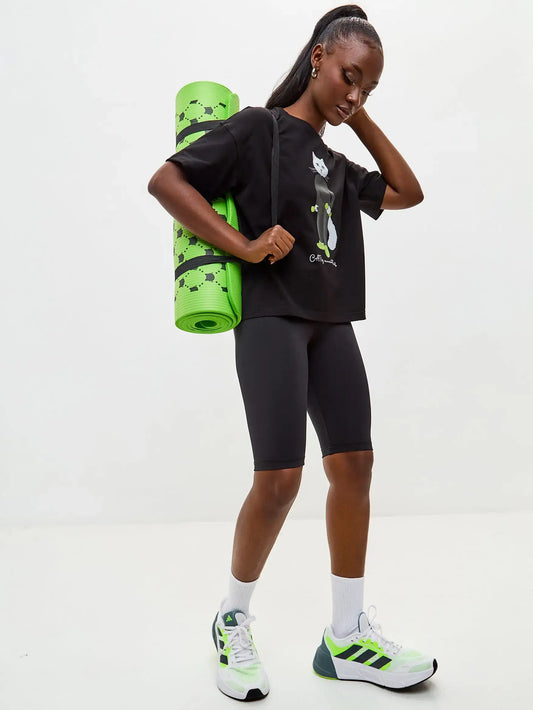 Sport set: black short oversized t-shirt sport cat and black women’s sport shorts - Funny Cat | For Cat Lovers | CAT