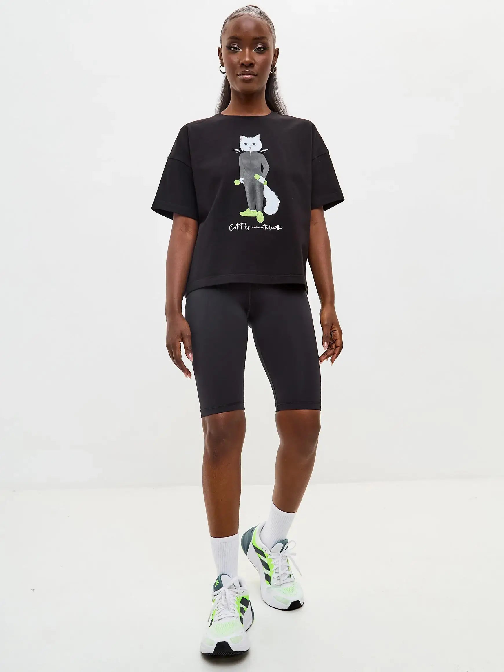 Sport set: black short oversized t-shirt sport cat and black women’s sport shorts - Funny Cat | For Cat Lovers | CAT