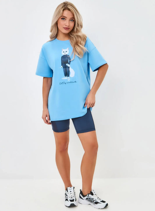 Sport set: blue t-shirt sport white cat & women’s sport shorts - Funny Cat | For Cat Lovers | CAT by maniita lacitta
