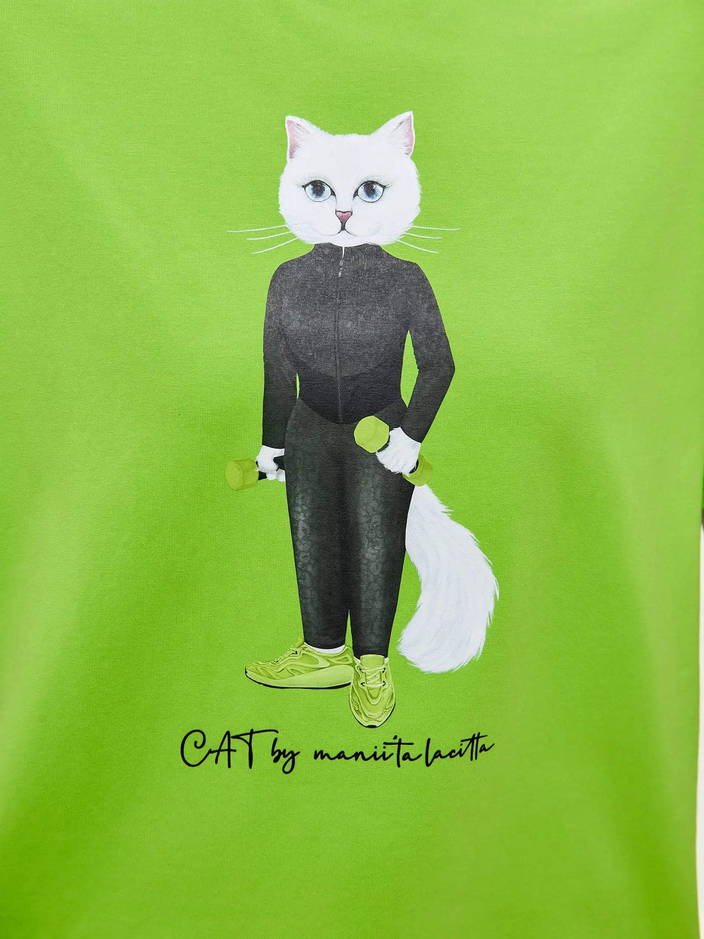 Sport set: green printed t-shirt sport cat & black women’s leggins - Funny Cat | For Cat Lovers | CAT by maniita lacitta