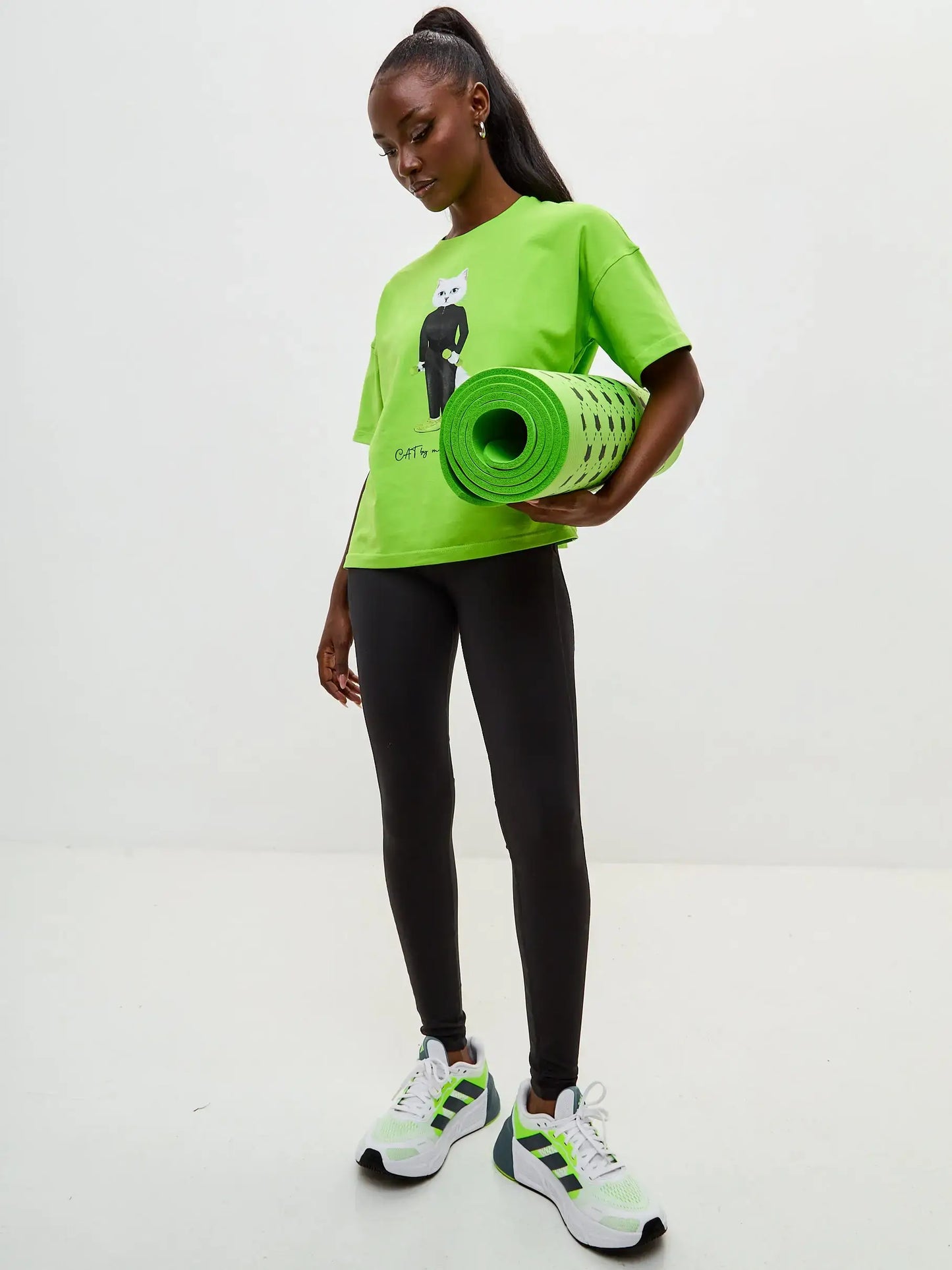 Sport set: green printed t-shirt sport cat & black women’s leggins - Funny Cat | For Cat Lovers | CAT by maniita lacitta