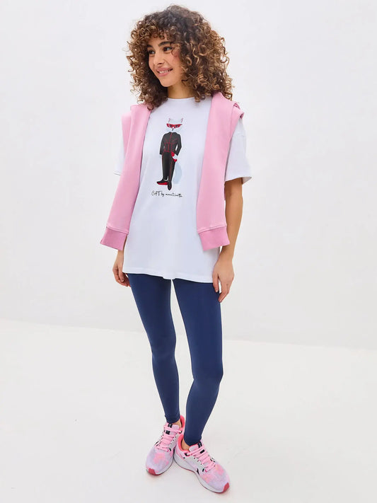 Sport set: white oversized t-shirt sport cat & blue women’s leggins - Funny Cat | For Cat Lovers | CAT by maniita