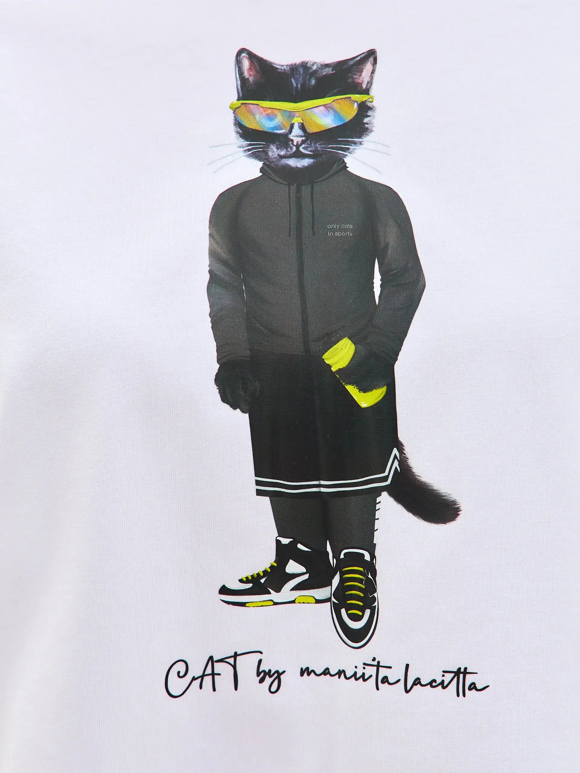 Sport set: white short oversized t-shirt sport cat & black women’s sport skorts - Funny Cat | For Cat Lovers | CAT
