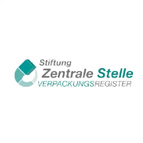 Teal and white circular logo with geometric design, representing stiftung zentrale stelle verpackungsregister.