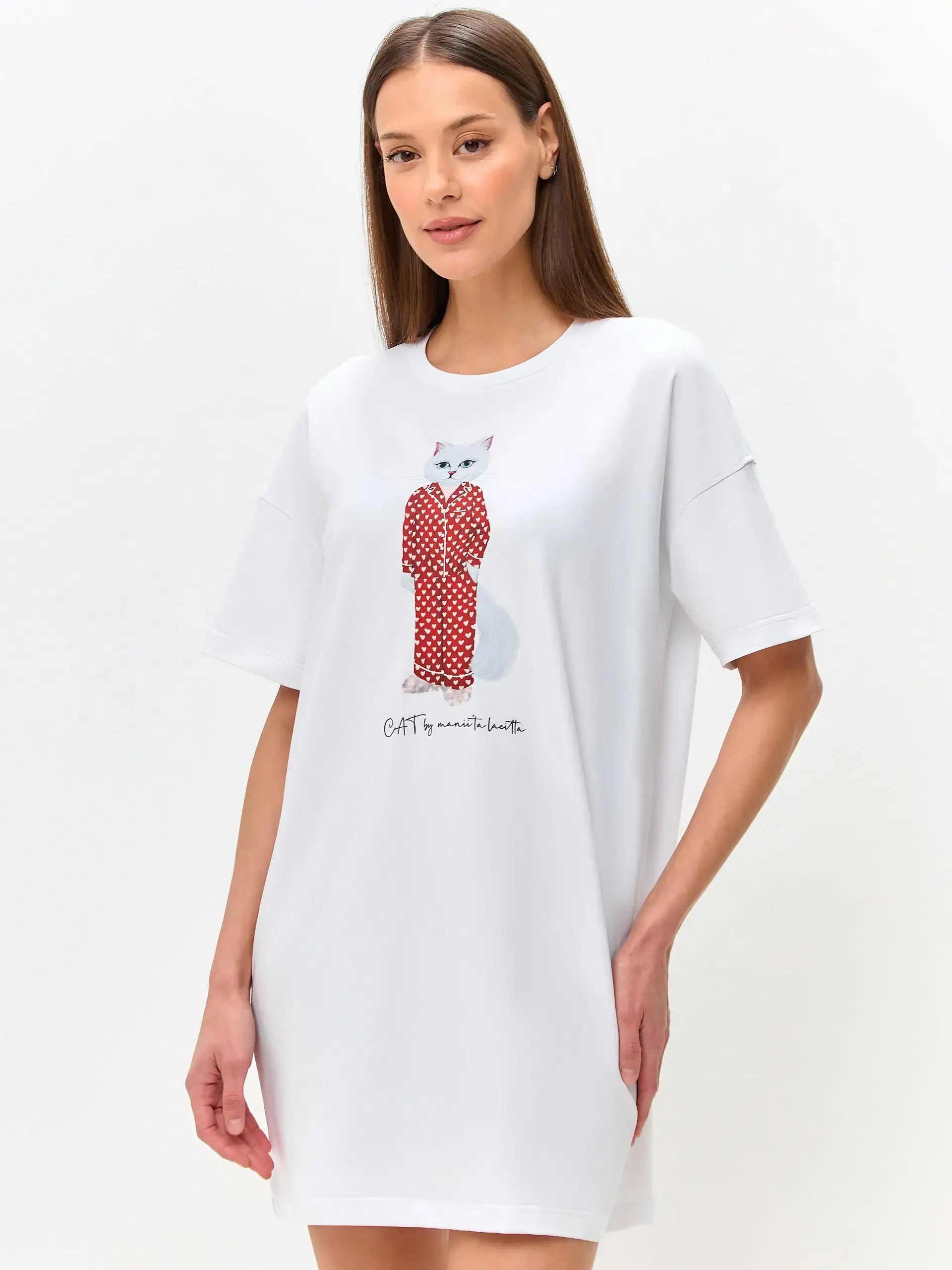 White oversized t-shirt pajamas cat - Funny Cat Loungewear | For Cat Lovers | CAT by maniita lacitta