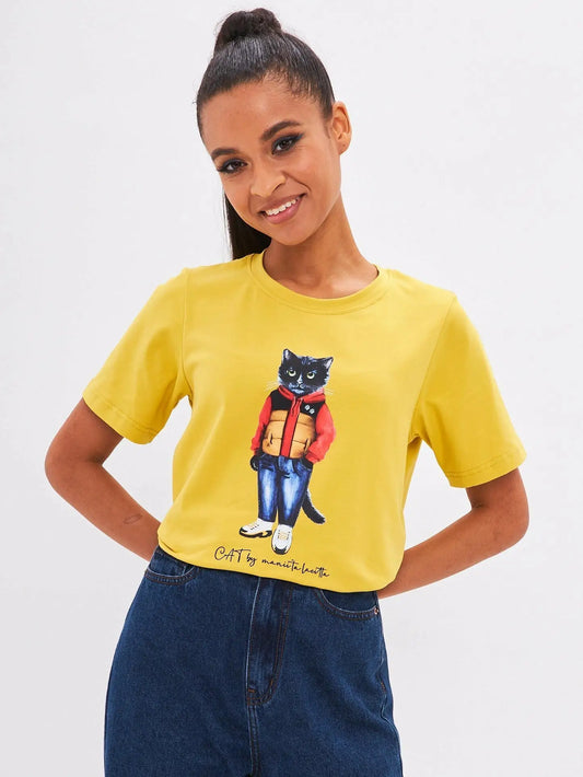 Yellow printed t-shirt sport casual cat - Funny Cat T-shirt | For Cat Lovers | CAT by maniita lacitta