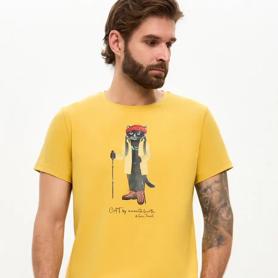 Yellow t-shirt with cat hiker graphic.